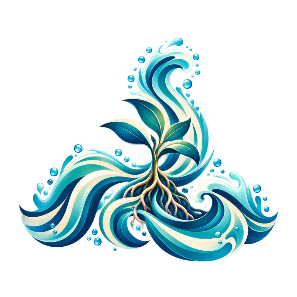 A leafy sprout with curling roots among ocean waves.