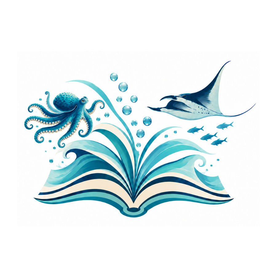 An open book with wave-shaped pages, an octopus, a ray and small fish.